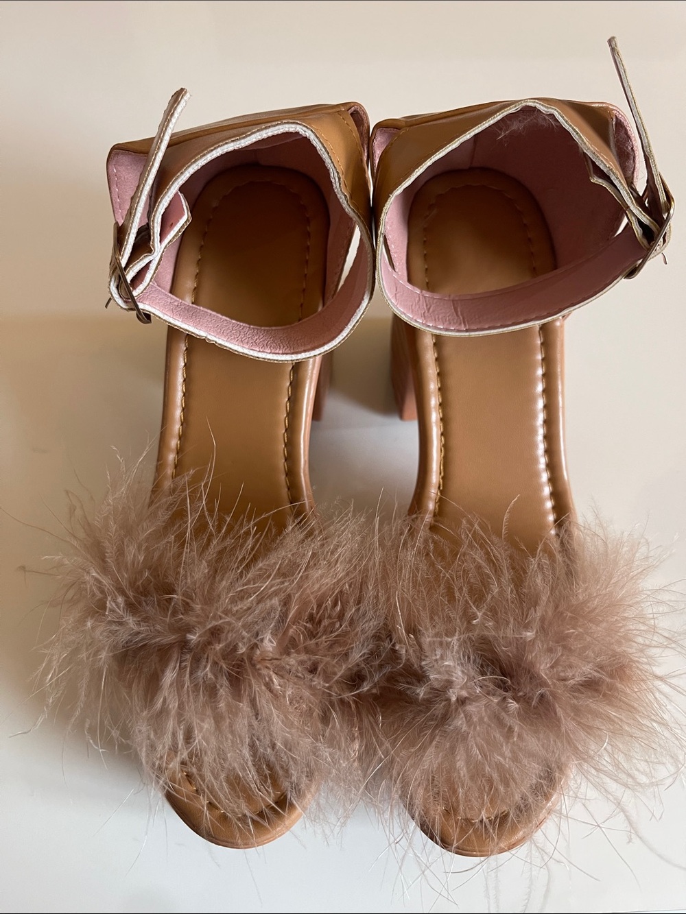 Faux-Fur Ankle Strap Block Heel Sandals in Taupe